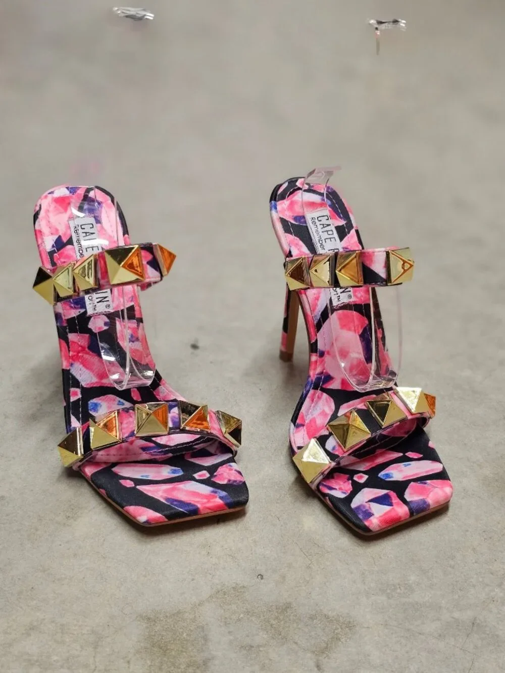 Pink & Gold Studded High Heel Sandals With Floral Pattern Open Toe Stiletto Heel - Picture 4 of 13